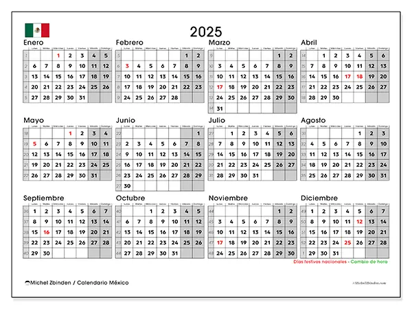 Calendario de México para imprimir gratis,  2025. Semana:  De lunes a domingo
