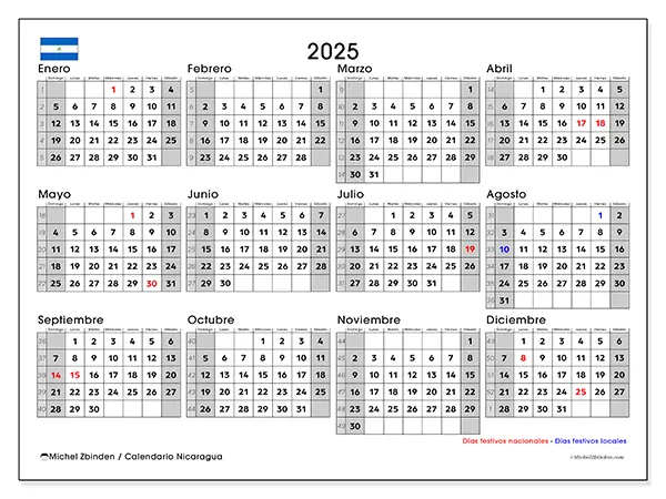 Calendario Nicaragua para 2025 gratis para imprimir. Semana: Domingo a sábado.