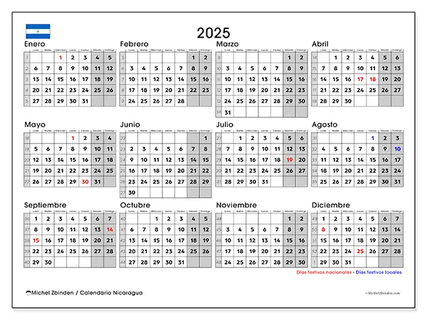 Calendario de Nicaragua para imprimir gratis,  2025. Semana:  De lunes a domingo