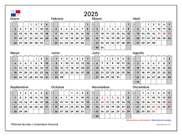 Calendario Panamá para 2025 gratis para imprimir. Semana: Domingo a sábado.