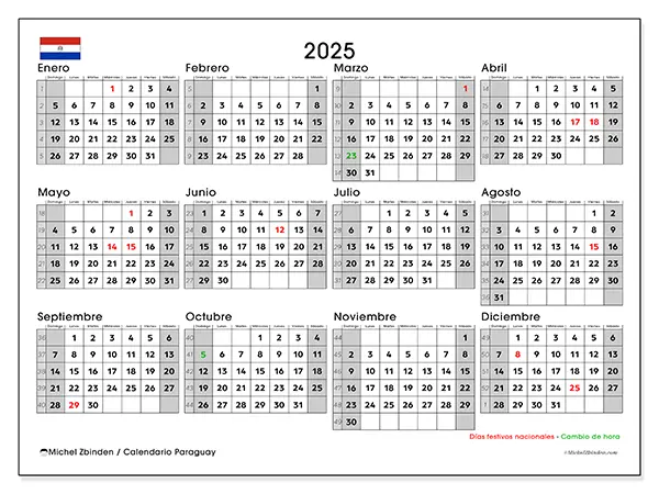 Calendario Paraguay para 2025 gratis para imprimir. Semana: Domingo a sábado.