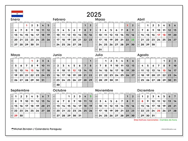 Calendario de Paraguay para imprimir gratis,  2025. Semana:  De lunes a domingo