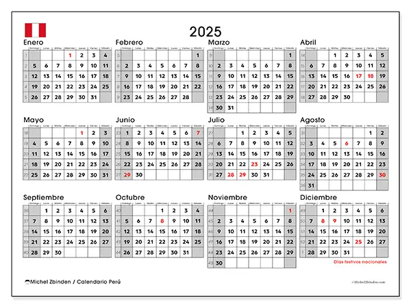 Calendario Perú para 2025 gratis para imprimir. Semana: Domingo a sábado.