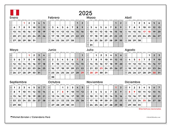Calendario de Perú para imprimir gratis,  2025. Semana:  De lunes a domingo