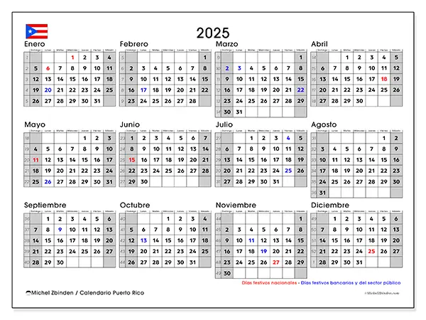 Calendario Puerto Rico para 2025 gratis para imprimir. Semana: Domingo a sábado.