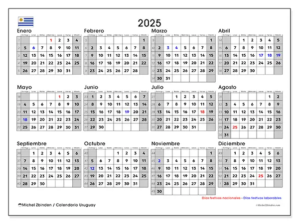 Calendario Uruguay para 2025 gratis para imprimir. Semana: Domingo a sábado.