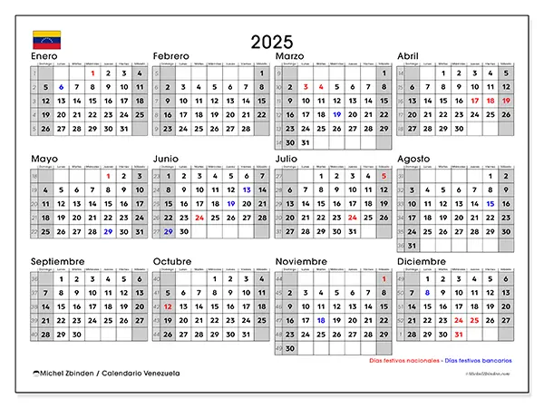 Calendario Venezuela para 2025 gratis para imprimir. Semana: Domingo a sábado.