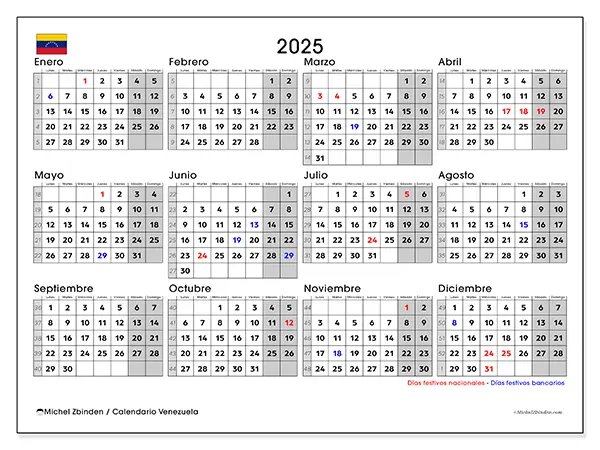 Calendario de Venezuela para imprimir gratis,  2025. Semana:  De lunes a domingo