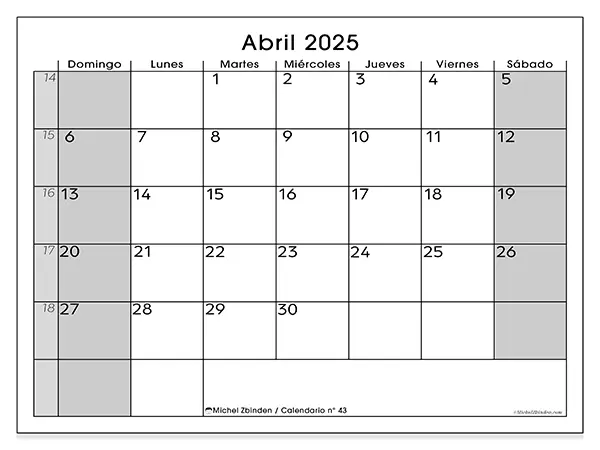 Calendario n.° 43 para abril de 2025 para imprimir gratis. Semana: De domingo a sábado.