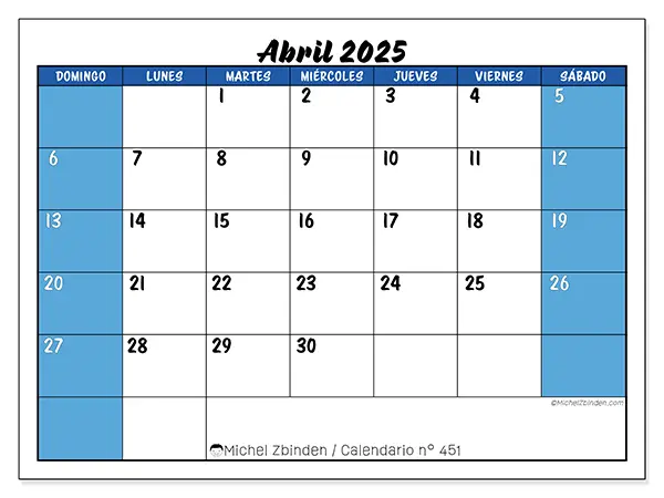 Calendario n.° 451 para abril de 2025 para imprimir gratis. Semana: De domingo a sábado.
