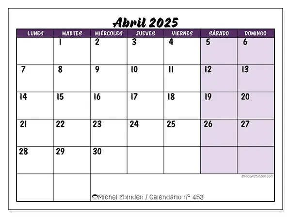 Calendario n.° 453 para imprimir gratis, abril 2025. Semana:  De lunes a domingo