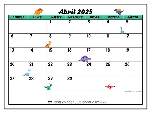 Calendario n.° 455 para abril de 2025 para imprimir gratis. Semana: De domingo a sábado.