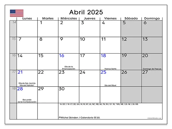 Calendario de Estados Unidos para imprimir gratis, abril 2025. Semana:  De lunes a domingo