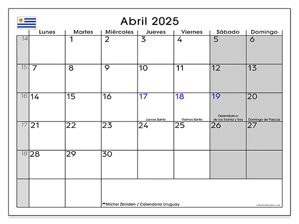 Calendario Uruguay para imprimir gratis de abril de 2025. Semana: De lunes a domingo.