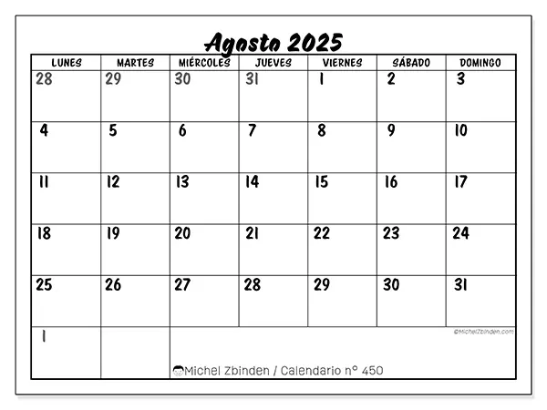 Calendario n.° 450 para imprimir gratis, agosto 2025. Semana:  De lunes a domingo