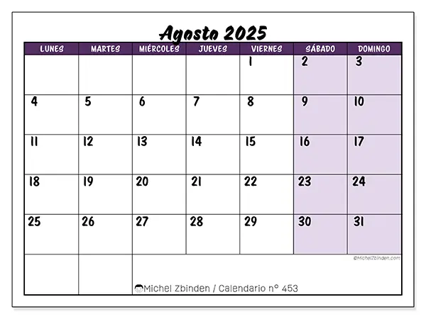 Calendario n.° 453 para imprimir gratis, agosto 2025. Semana:  De lunes a domingo