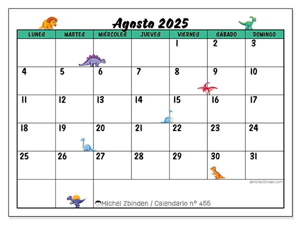 Calendario n.° 455 para imprimir gratis, agosto 2025. Semana:  De lunes a domingo