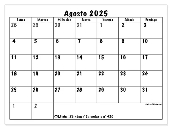 Calendario n.° 480 para imprimir gratis, agosto 2025. Semana:  De lunes a domingo