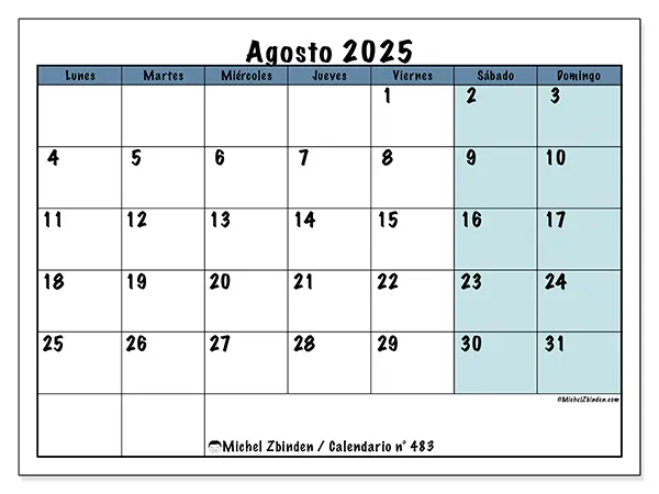 Calendario n.° 483 para imprimir gratis, agosto 2025. Semana:  De lunes a domingo