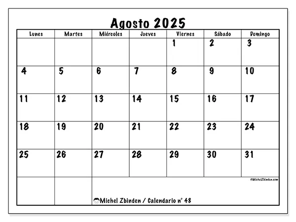 Calendario n° 48 para imprimir gratis, agosto 2025. Semana:  De lunes a domingo