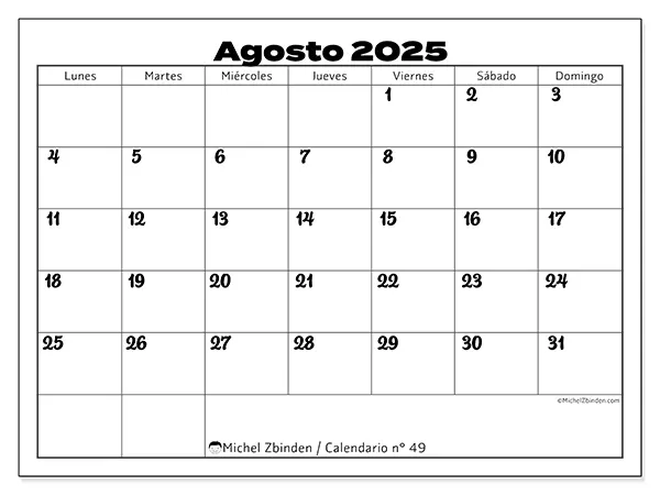 Calendario n.° 49 para imprimir gratis, agosto 2025. Semana:  De lunes a domingo