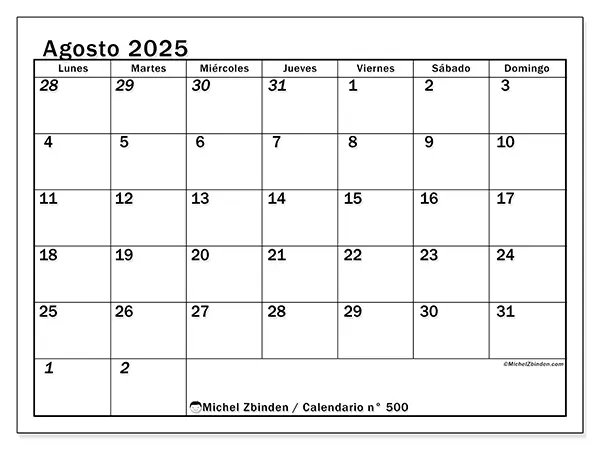 Calendario n.° 500 para imprimir gratis, agosto 2025. Semana:  De lunes a domingo