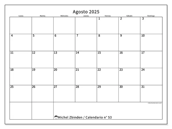 Calendario n.° 53 para imprimir gratis, agosto 2025. Semana:  De lunes a domingo