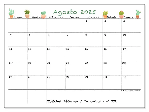 Calendario n.° 772 para imprimir gratis, agosto 2025. Semana:  De lunes a domingo