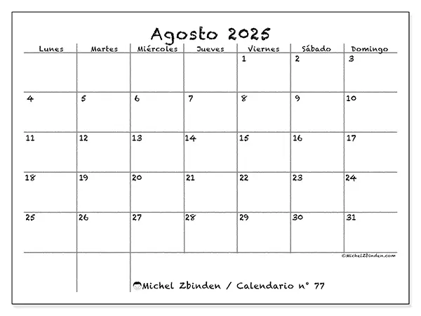 Calendario n.° 77 para imprimir gratis, agosto 2025. Semana:  De lunes a domingo