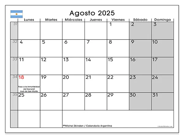 Calendario de Argentina para imprimir gratis, agosto 2025. Semana:  De lunes a domingo