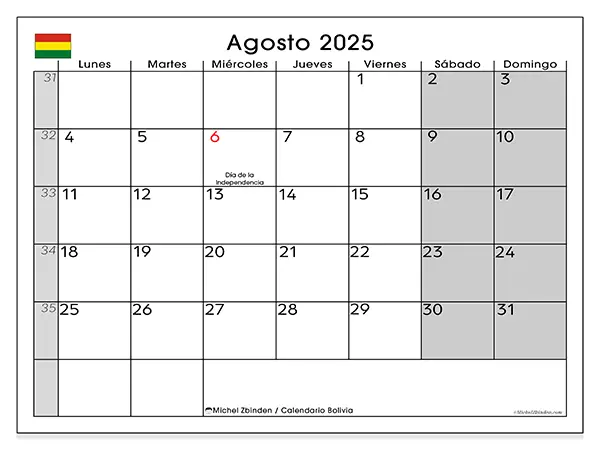 Calendario de Bolivia para imprimir gratis, agosto 2025. Semana:  De lunes a domingo