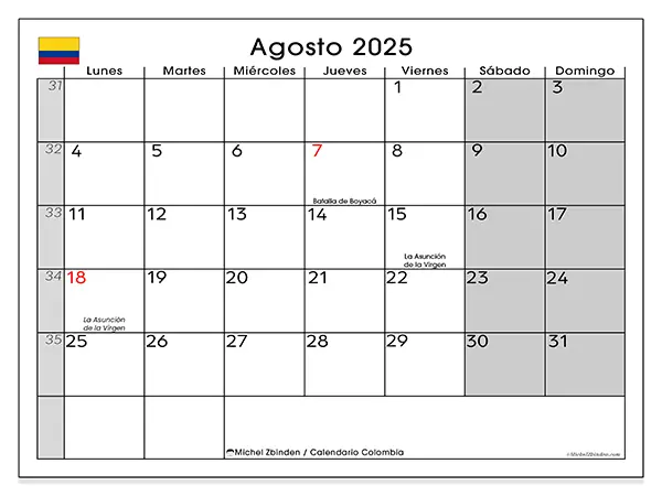 Calendario de Colombia para imprimir gratis, agosto 2025. Semana:  De lunes a domingo