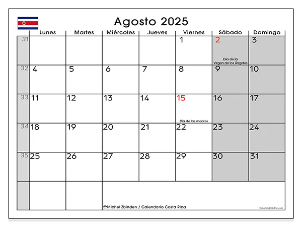 Calendario de Costa Rica para imprimir gratis, agosto 2025. Semana:  De lunes a domingo