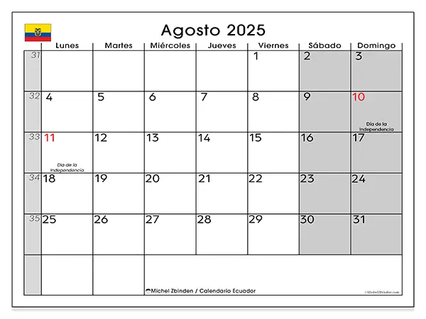 Calendario de Ecuador para imprimir gratis, agosto 2025. Semana:  De lunes a domingo