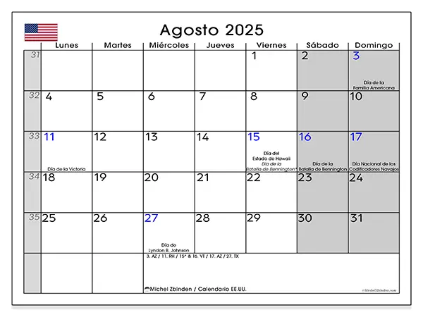 Calendario de Estados Unidos para imprimir gratis, agosto 2025. Semana:  De lunes a domingo