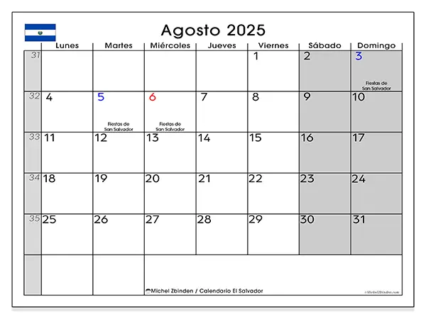 Calendario de El Salvador para imprimir gratis, agosto 2025. Semana:  De lunes a domingo