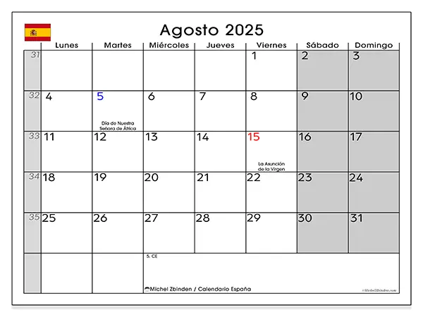 Calendario de España para imprimir gratis, agosto 2025. Semana:  De lunes a domingo