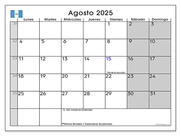 Calendario de Guatemala para imprimir gratis, agosto 2025. Semana:  De lunes a domingo