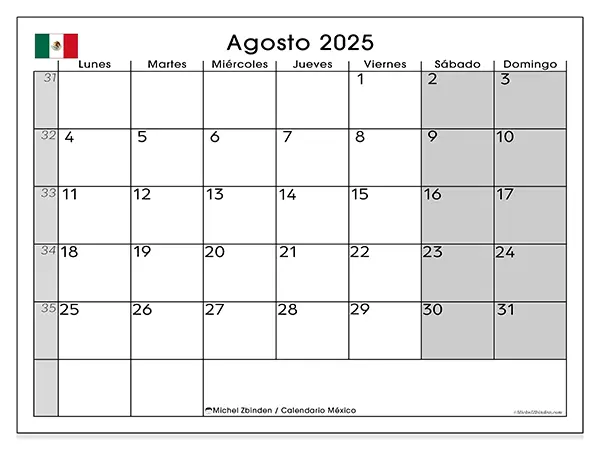 Calendario de México para imprimir gratis, agosto 2025. Semana:  De lunes a domingo