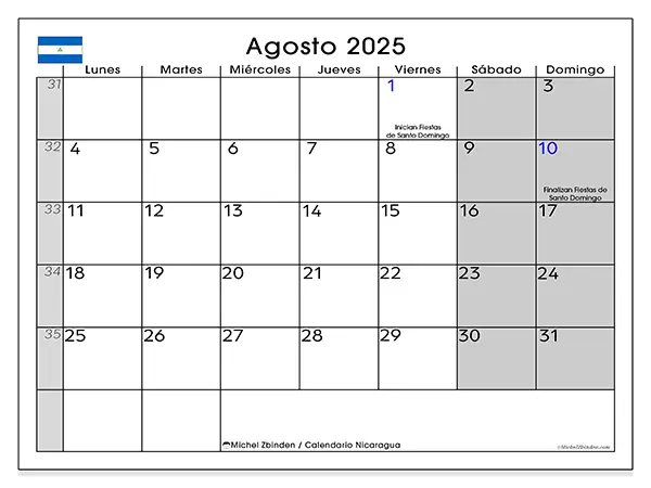 Calendario de Nicaragua para imprimir gratis, agosto 2025. Semana:  De lunes a domingo