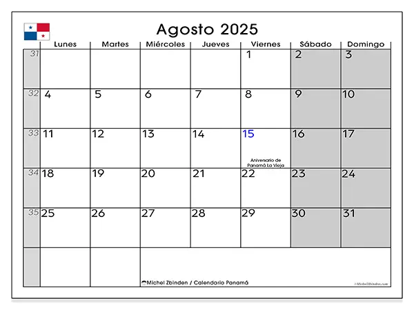Calendario de Panamá para imprimir gratis, agosto 2025. Semana:  De lunes a domingo