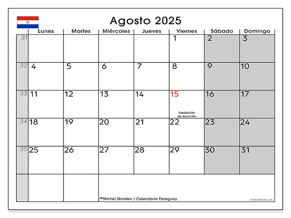 Calendario de Paraguay para imprimir gratis, agosto 2025. Semana:  De lunes a domingo