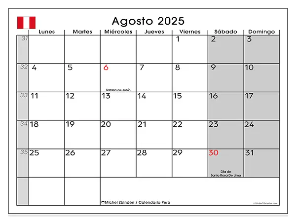 Calendario de Perú para imprimir gratis, agosto 2025. Semana:  De lunes a domingo