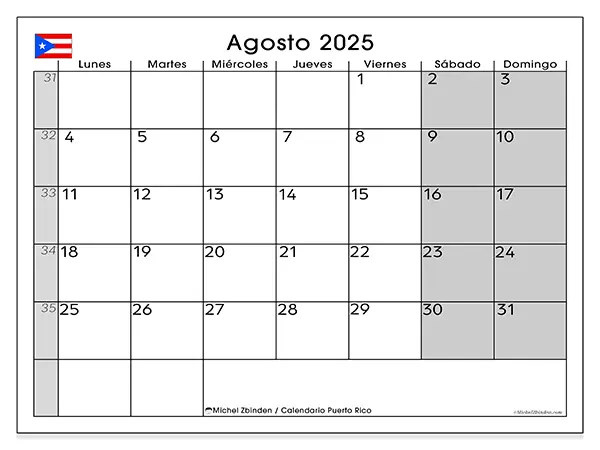 Calendario de Puerto Rico para imprimir gratis, agosto 2025. Semana:  De lunes a domingo