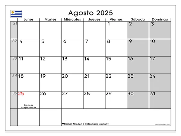 Calendario de Uruguay para imprimir gratis, agosto 2025. Semana:  De lunes a domingo