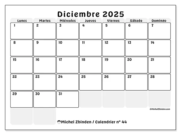 Calendario n.° 44 para imprimir gratis, diciembre 2025. Semana:  De lunes a domingo