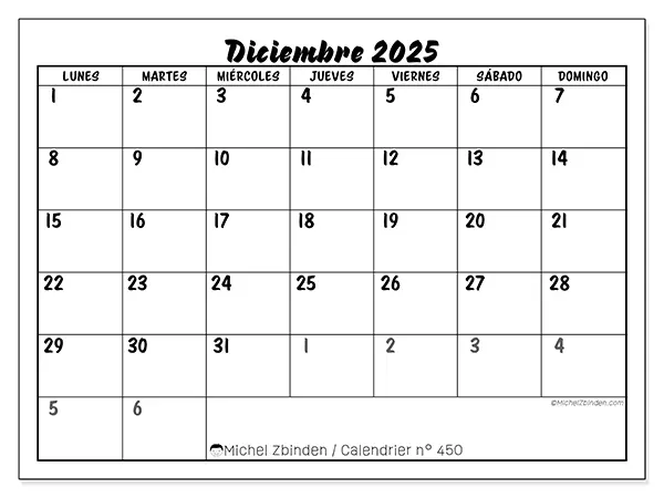 Calendario n.° 450 para imprimir gratis, diciembre 2025. Semana:  De lunes a domingo