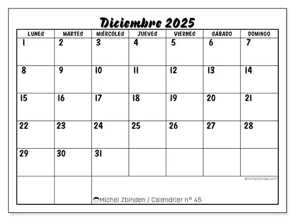 Calendario n.° 45 para imprimir gratis, diciembre 2025. Semana:  De lunes a domingo