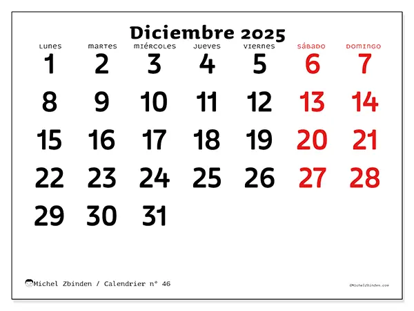 Calendario n.° 46 para imprimir gratis, diciembre 2025. Semana:  De lunes a domingo