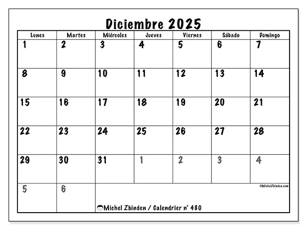 Calendario n.° 480 para imprimir gratis, diciembre 2025. Semana:  De lunes a domingo